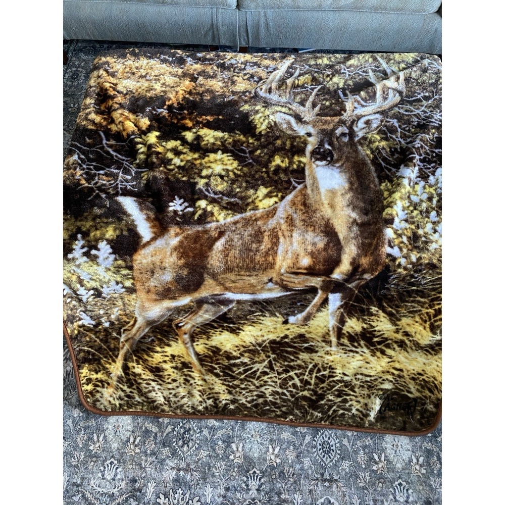 Vintage Al Agnew Mighty Buck‎ Print Fleece Throw Blanket 47"x 58" Hunting